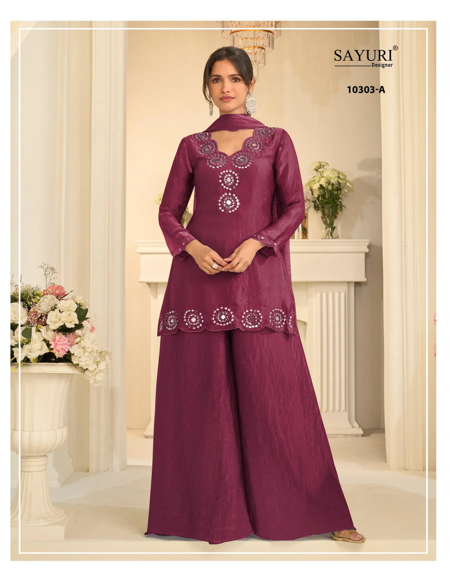 Sayuri Mirror 10303 A And B Tora Silk With Mirror Work Top Plazzo And Dupatta