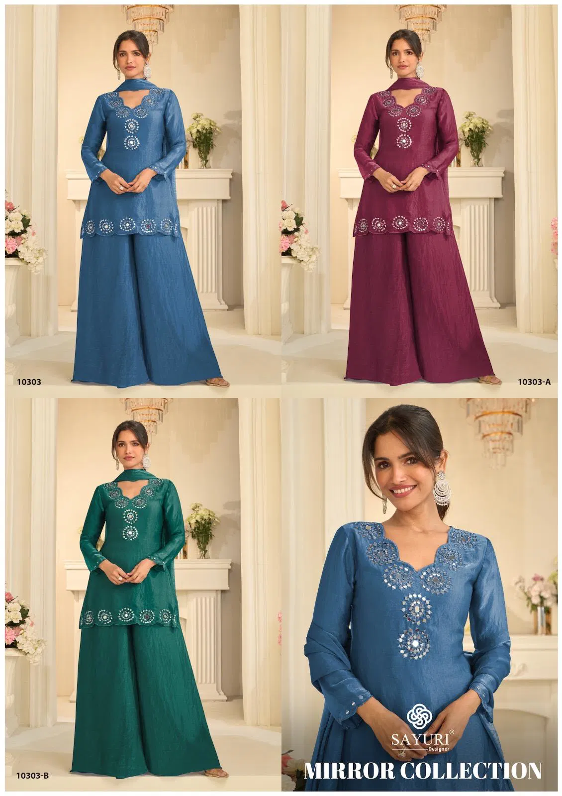 Sayuri Mirror 10303 A And B Tora Silk With Mirror Work Top Plazzo And Dupatta