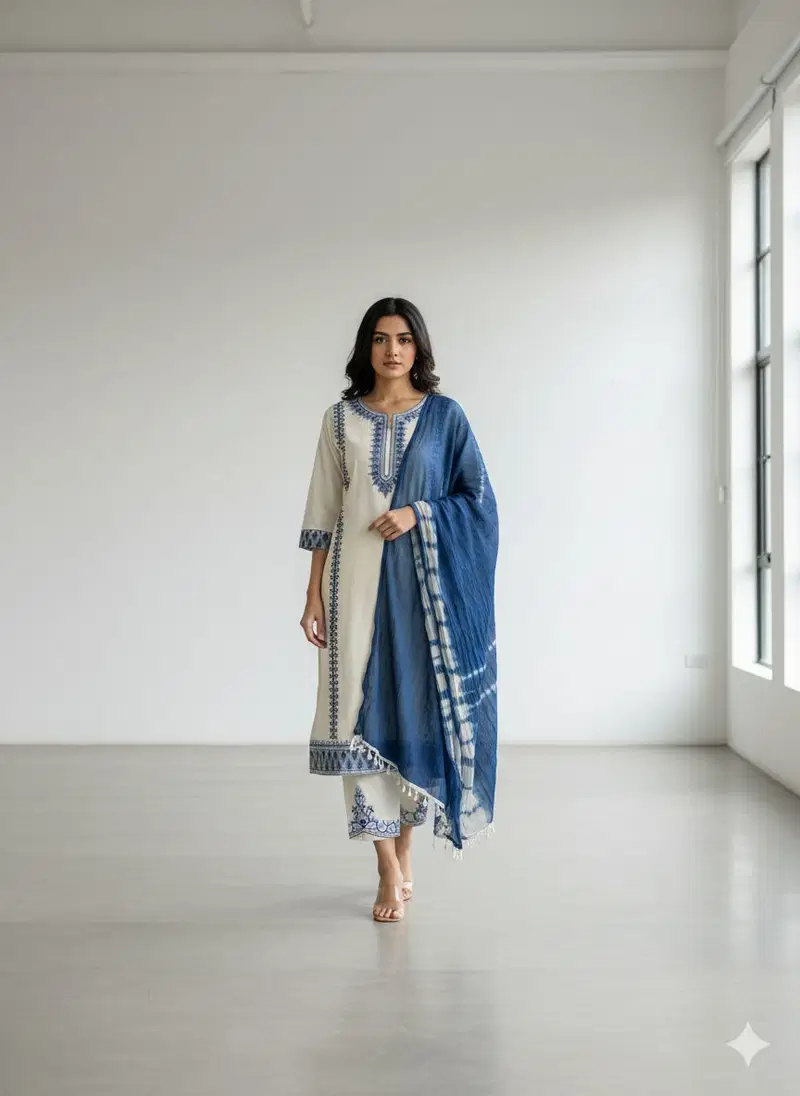 Naisha K 675 Mul Cotton With Embroidered Kurti Pant And Dupatta