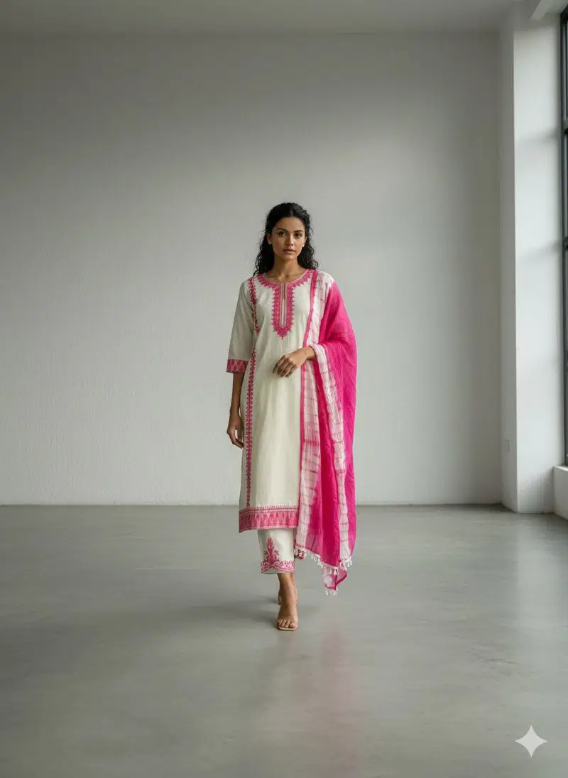 Naisha K 675 Mul Cotton With Embroidered Kurti Pant And Dupatta
