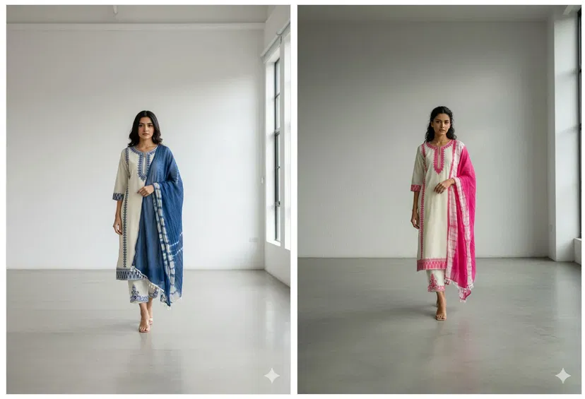 Naisha K 675 Mul Cotton With Embroidered Kurti Pant And Dupatta