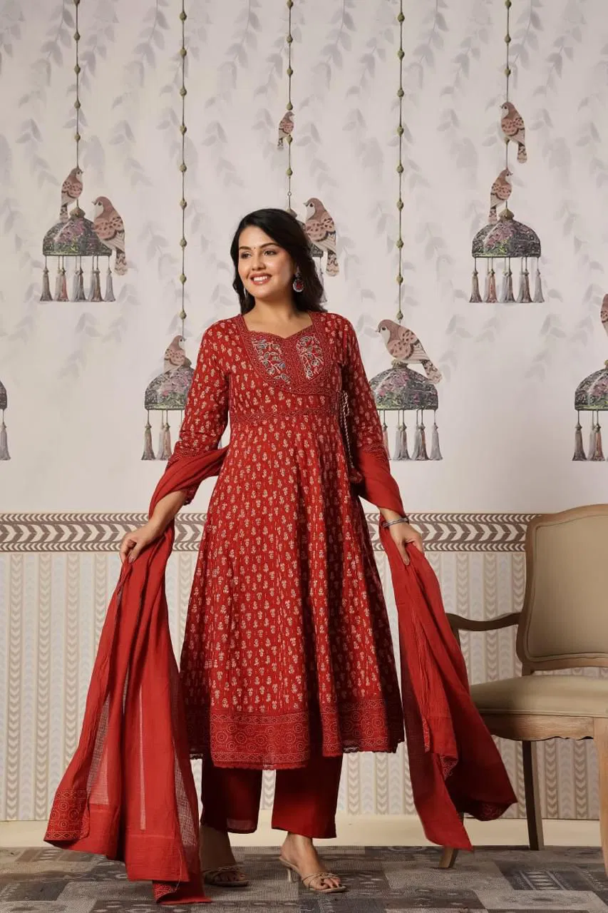 Naisha K 672 Cotton With Work Festival Wear Top Bottom And Dupatta
