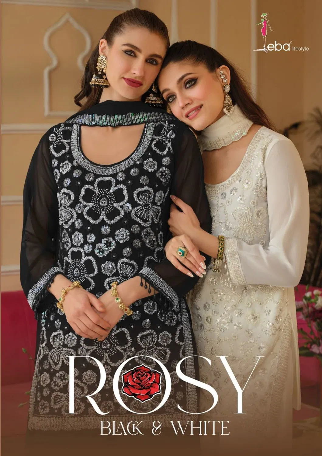 Eba Rosy Black And White Georgette With Beats Work Top Bottom And Dupatta