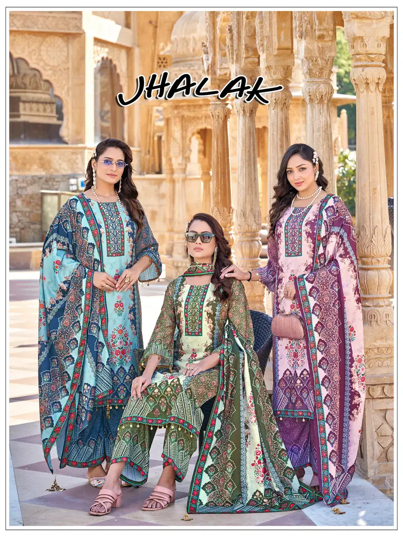 Mukesh Jhalak Jam Satin Print With Mirror Work Top Bottom And Dupatta