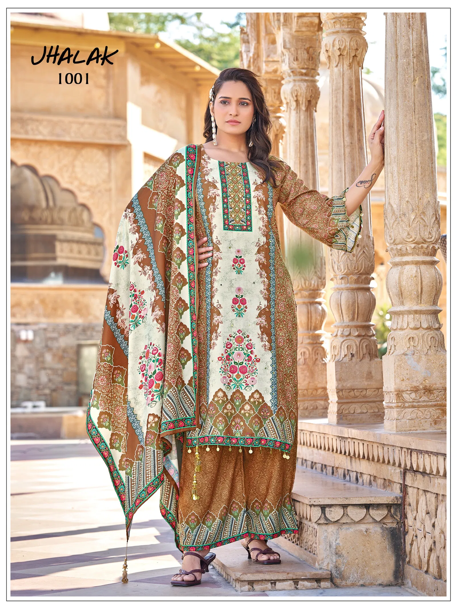 Mukesh Jhalak Jam Satin Print With Mirror Work Top Bottom And Dupatta