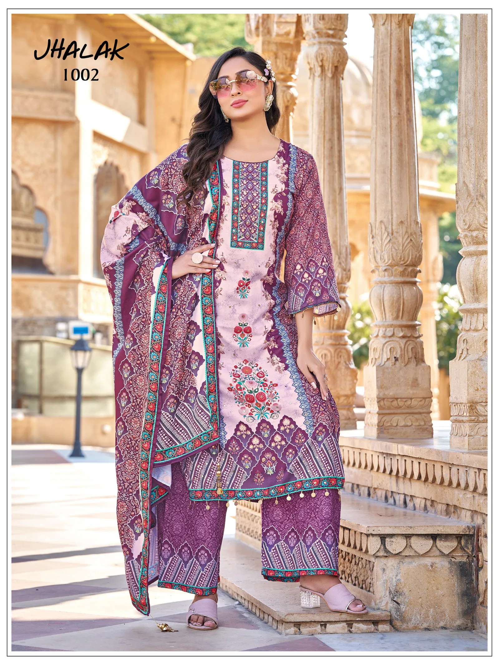 Mukesh Jhalak Jam Satin Print With Mirror Work Top Bottom And Dupatta