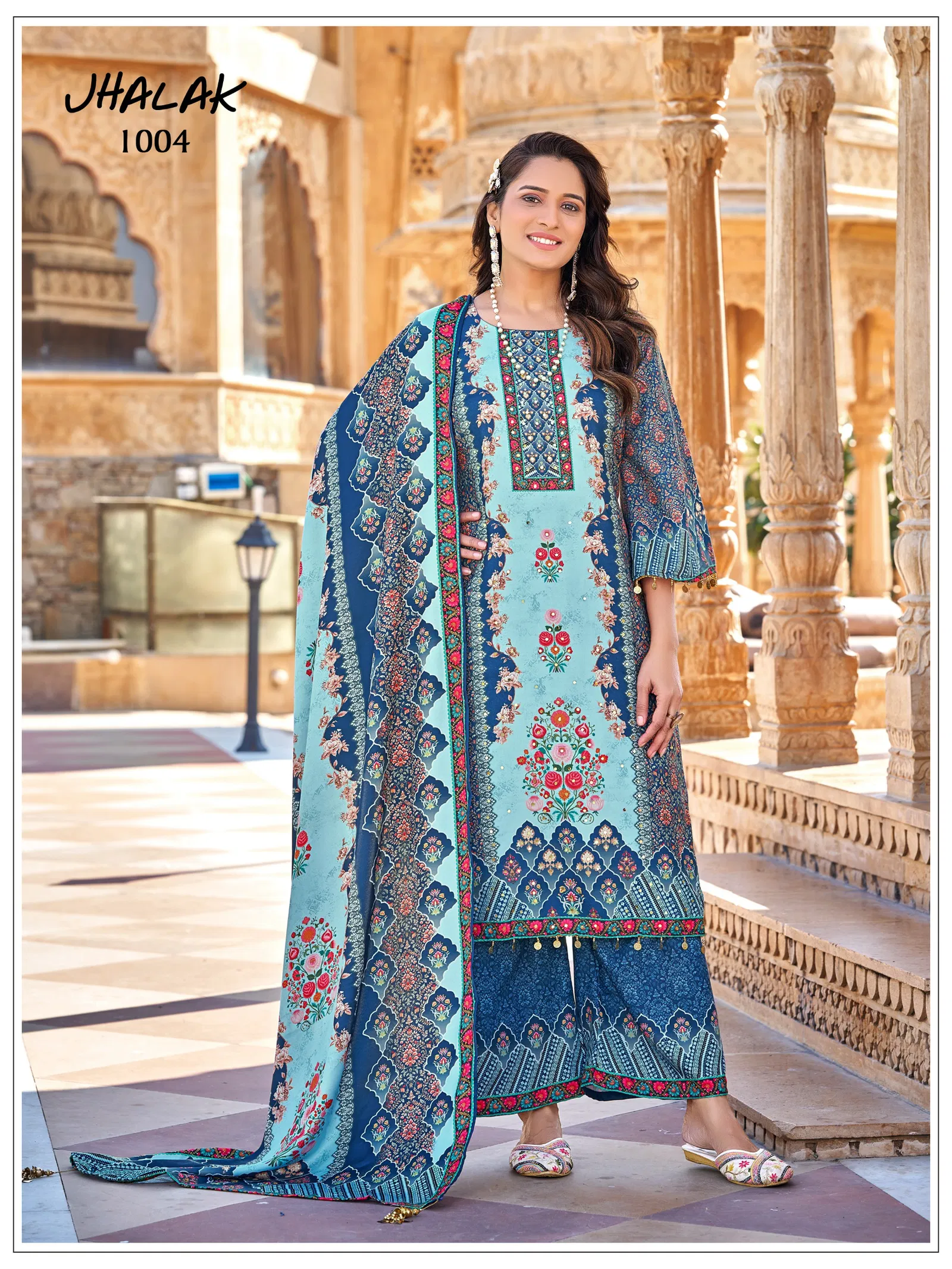 Mukesh Jhalak Jam Satin Print With Mirror Work Top Bottom And Dupatta
