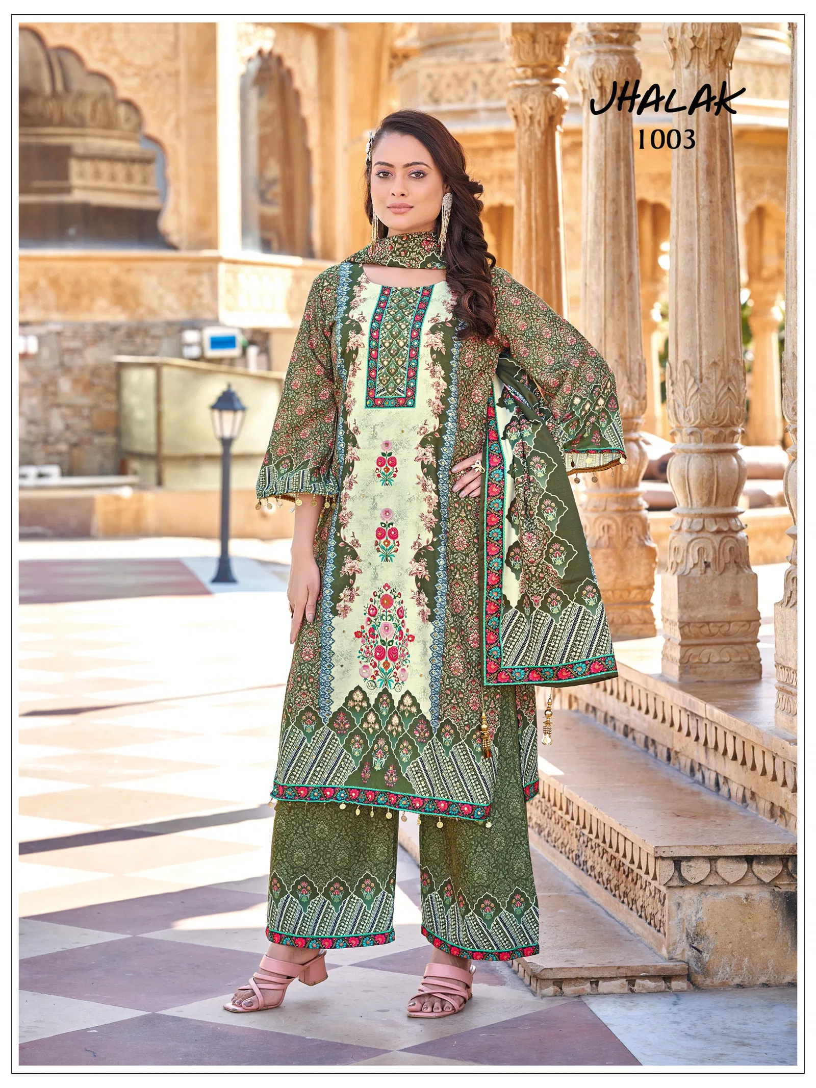 Mukesh Jhalak Jam Satin Print With Mirror Work Top Bottom And Dupatta