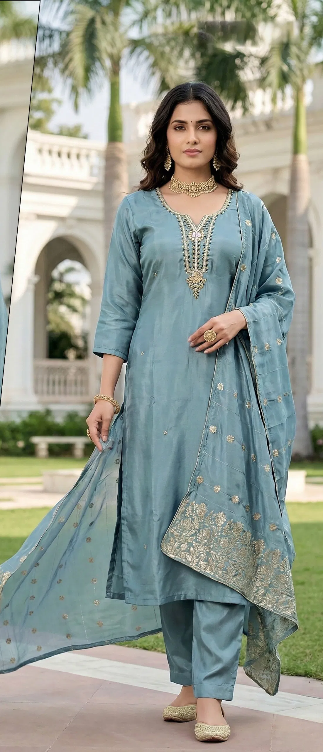 Naisha K 679 Roman Glass With Handwork Kurti Pant And Dupatta