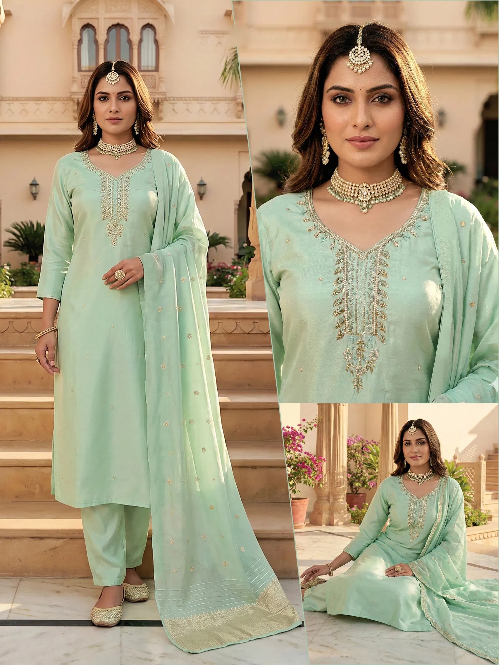 Naisha K 679 Roman Glass With Handwork Kurti Pant And Dupatta