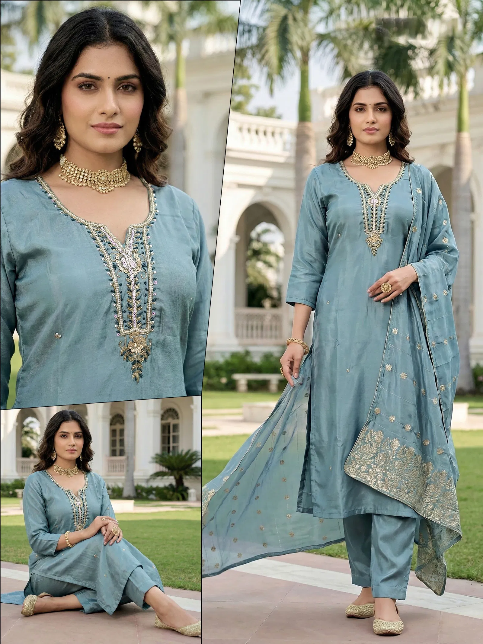 Naisha K 679 Roman Glass With Handwork Kurti Pant And Dupatta