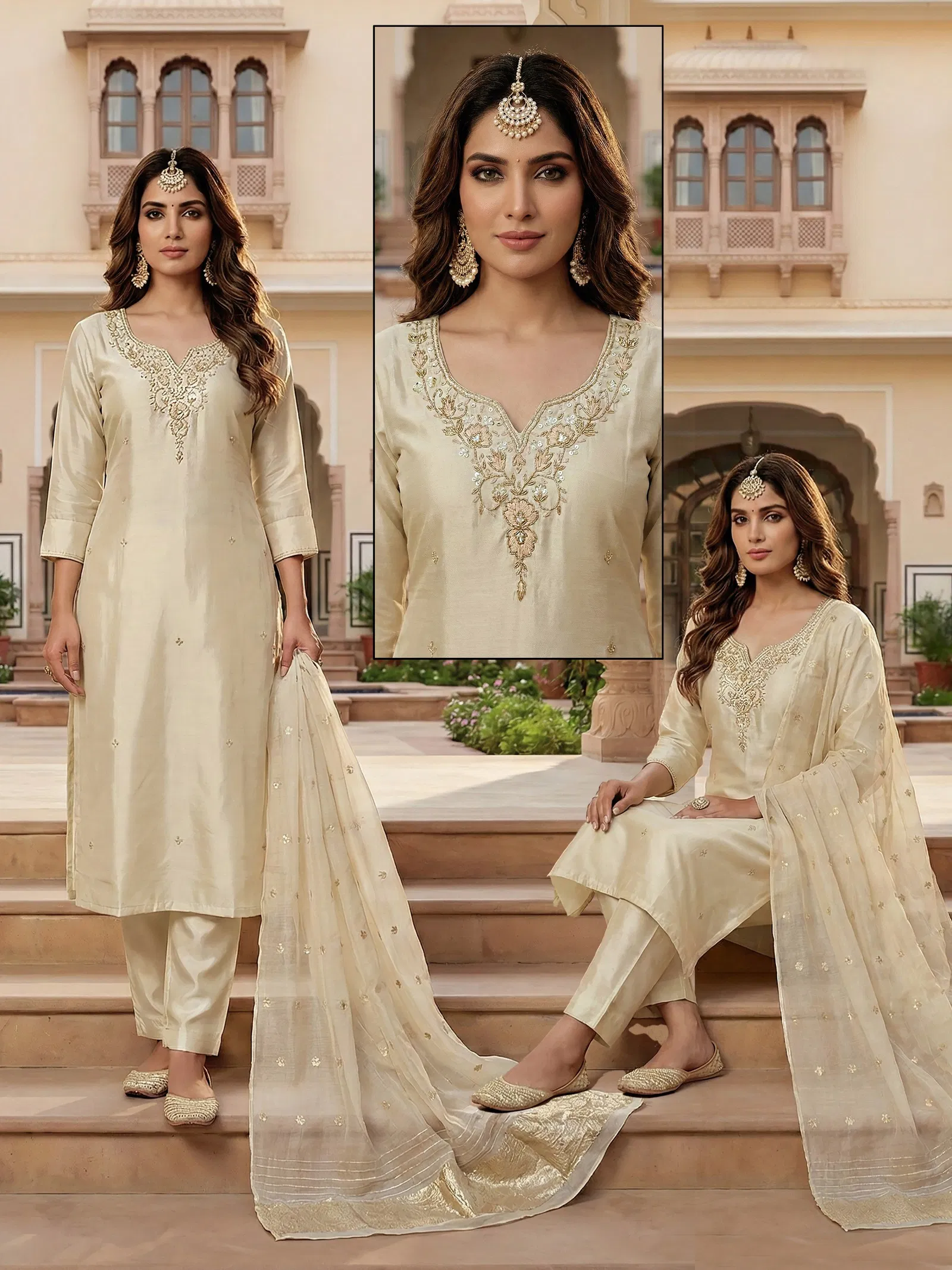 Naisha K 679 Roman Glass With Handwork Kurti Pant And Dupatta