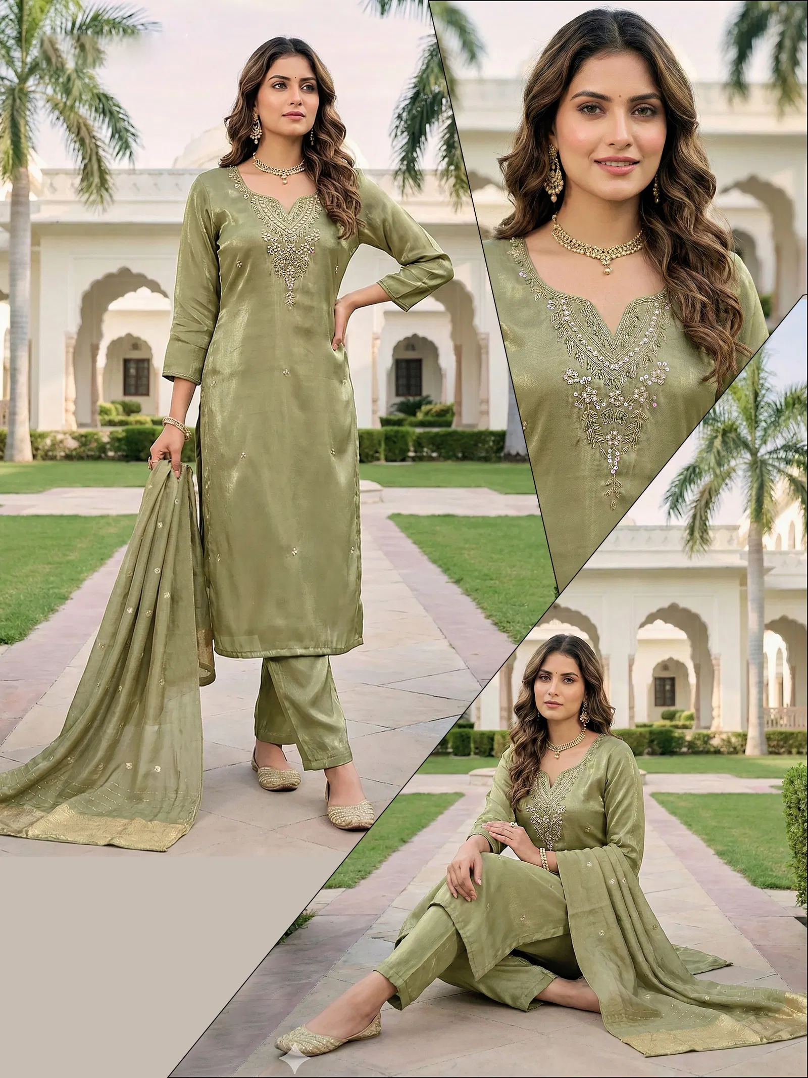 Naisha K 679 Roman Glass With Handwork Kurti Pant And Dupatta