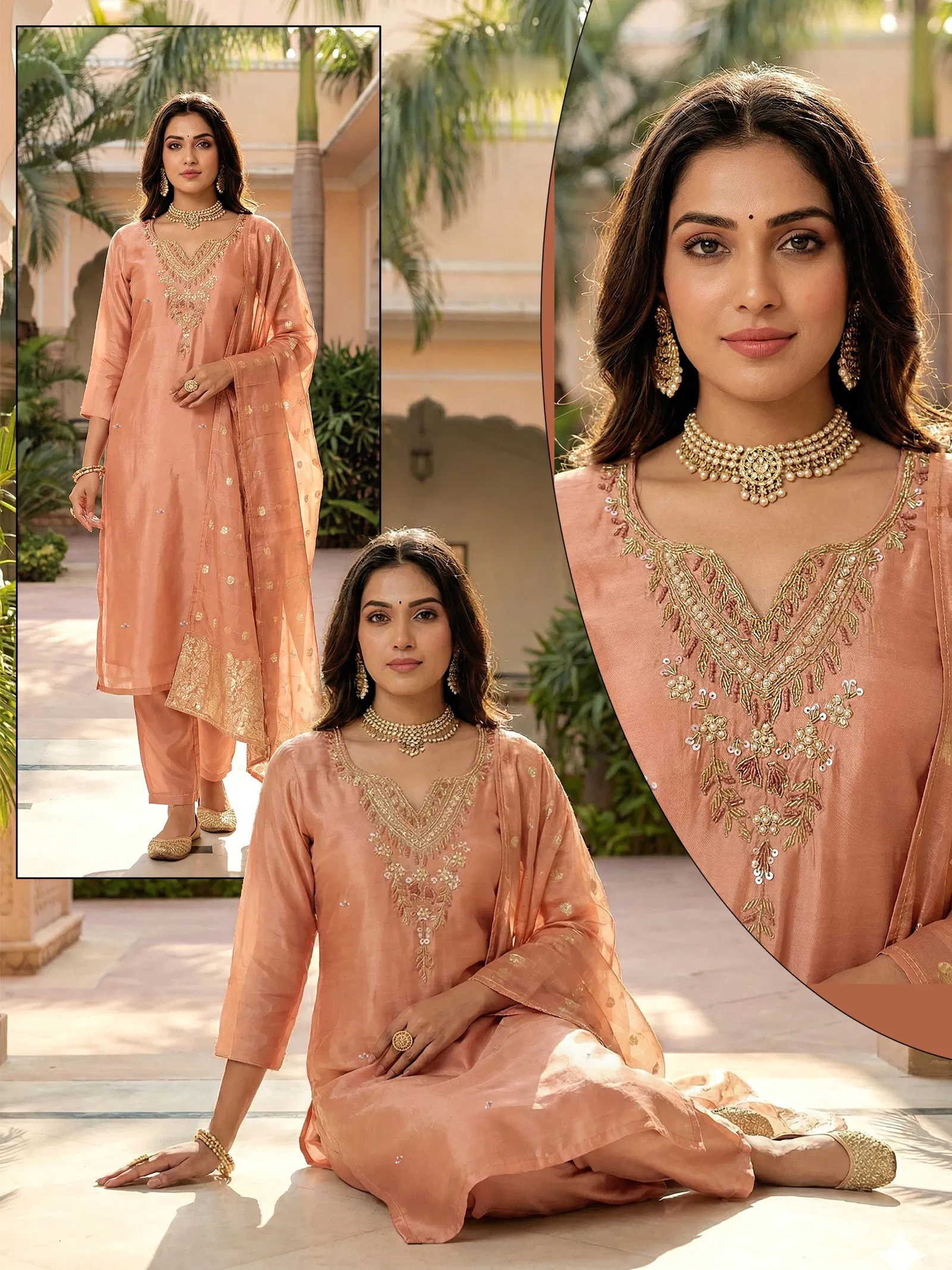 Naisha K 679 Roman Glass With Handwork Kurti Pant And Dupatta