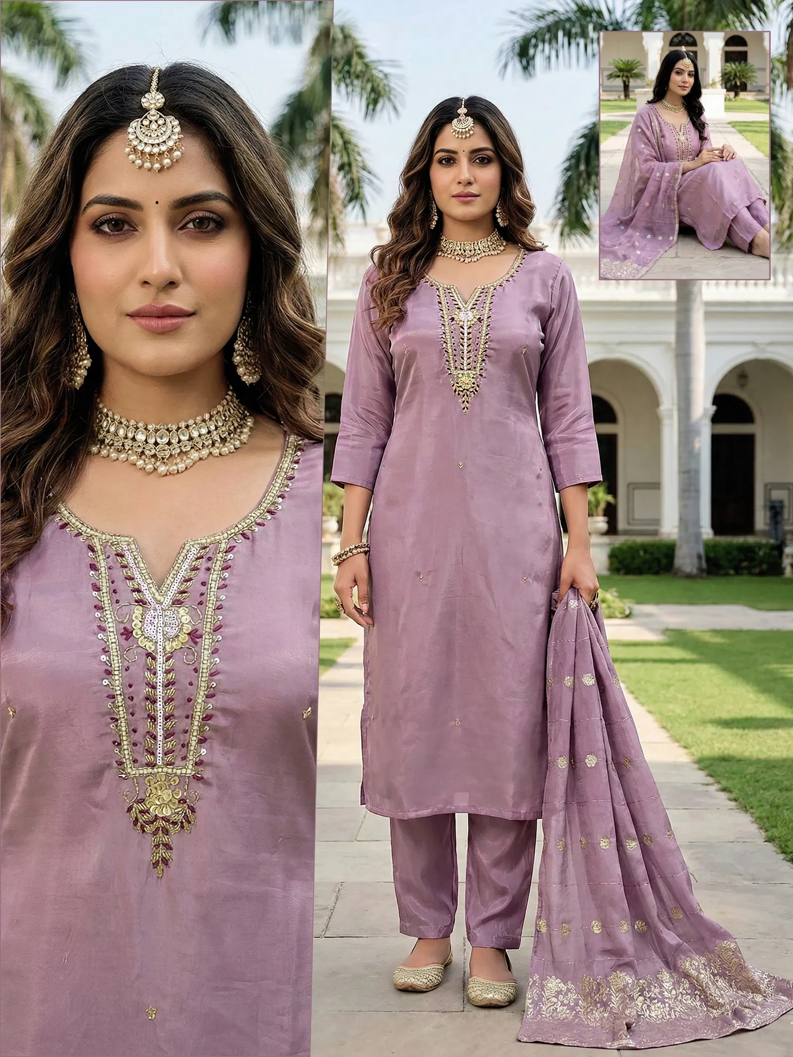 Naisha K 679 Roman Glass With Handwork Kurti Pant And Dupatta