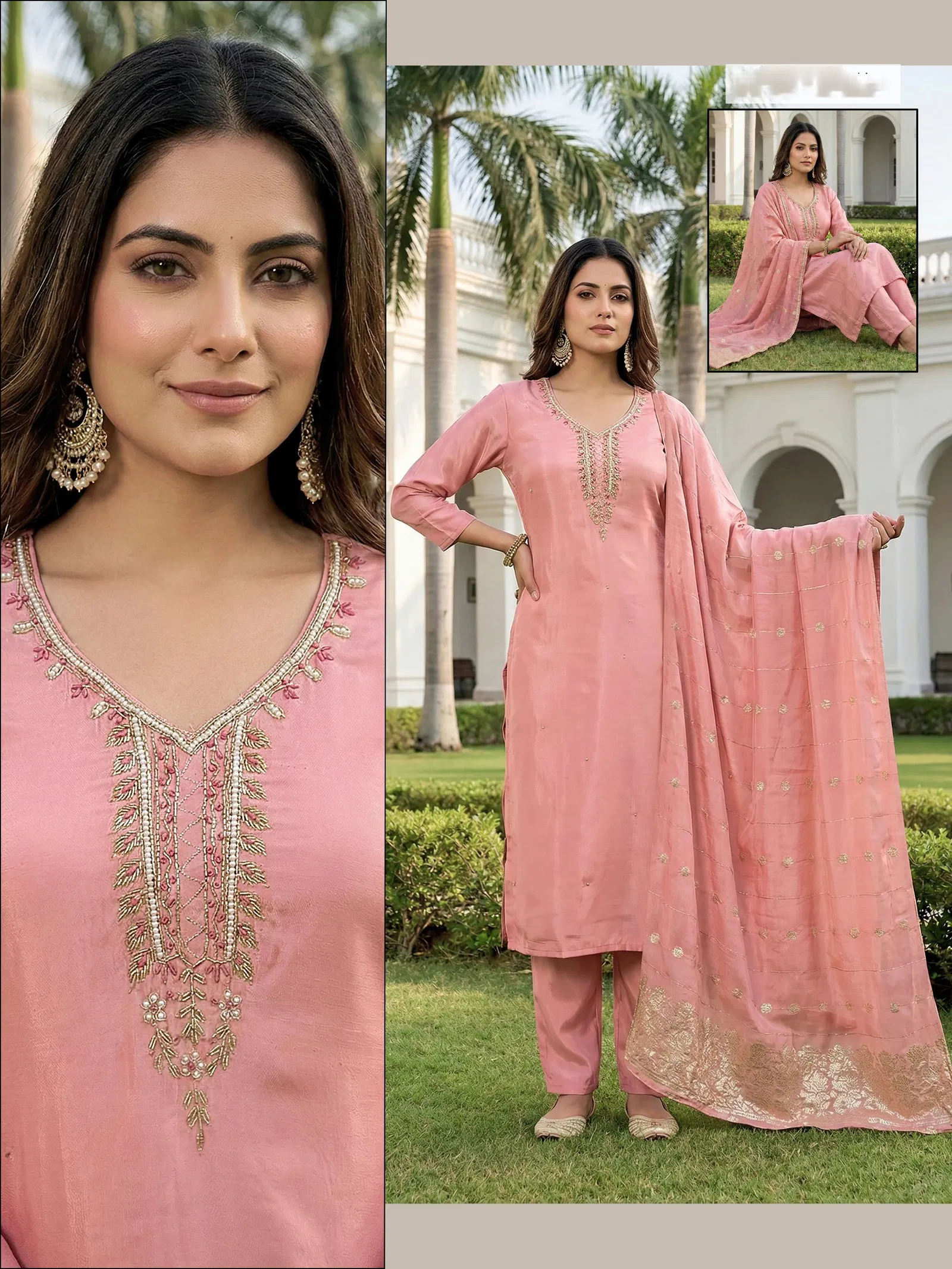 Naisha K 679 Roman Glass With Handwork Kurti Pant And Dupatta