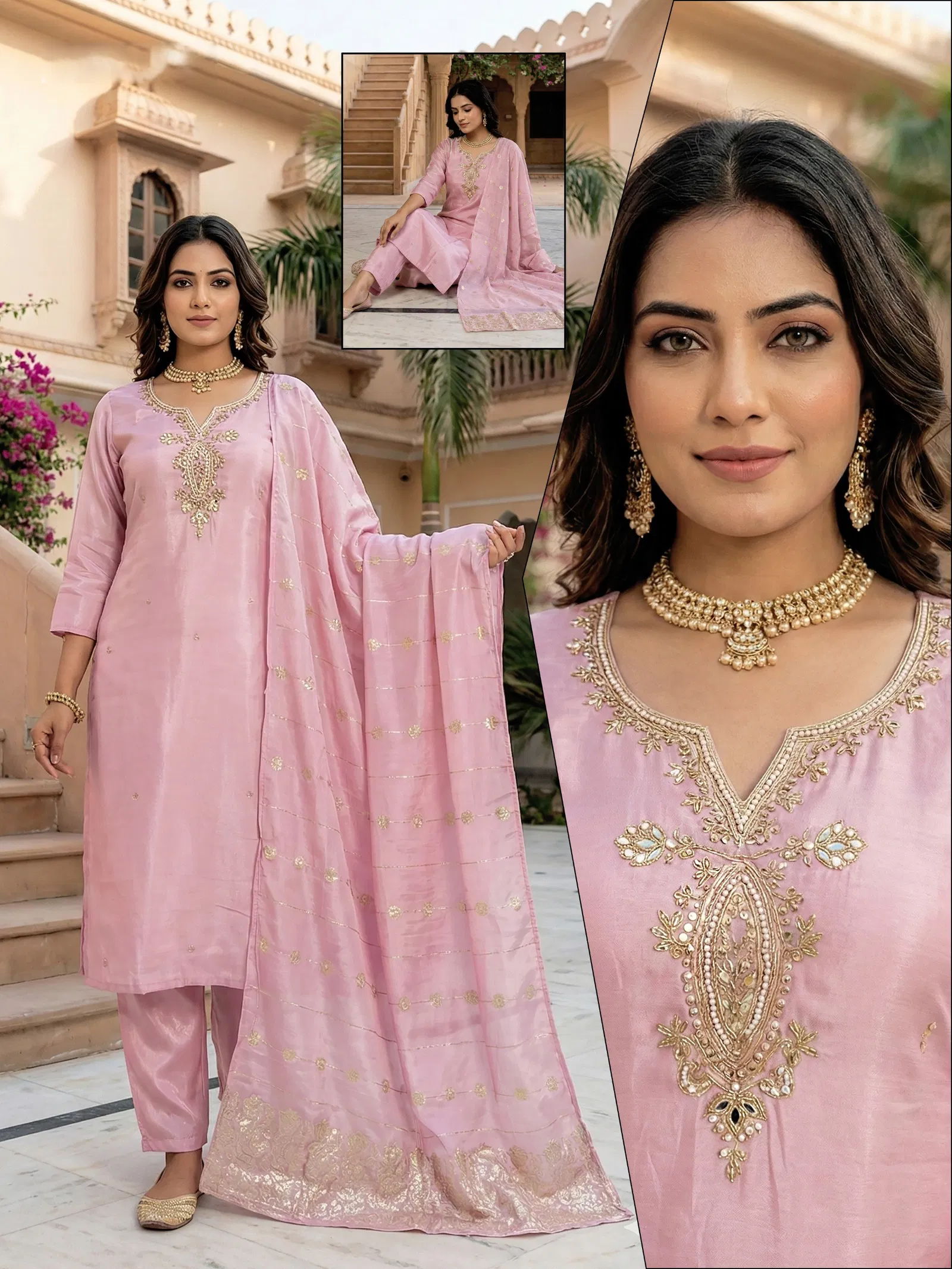 Naisha K 679 Roman Glass With Handwork Kurti Pant And Dupatta