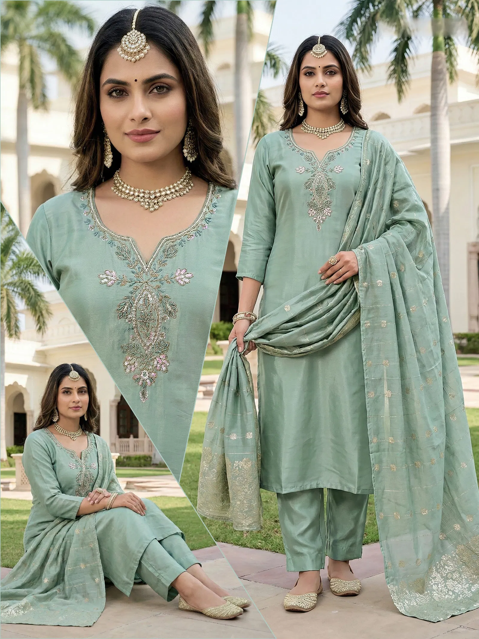 Naisha K 679 Roman Glass With Handwork Kurti Pant And Dupatta