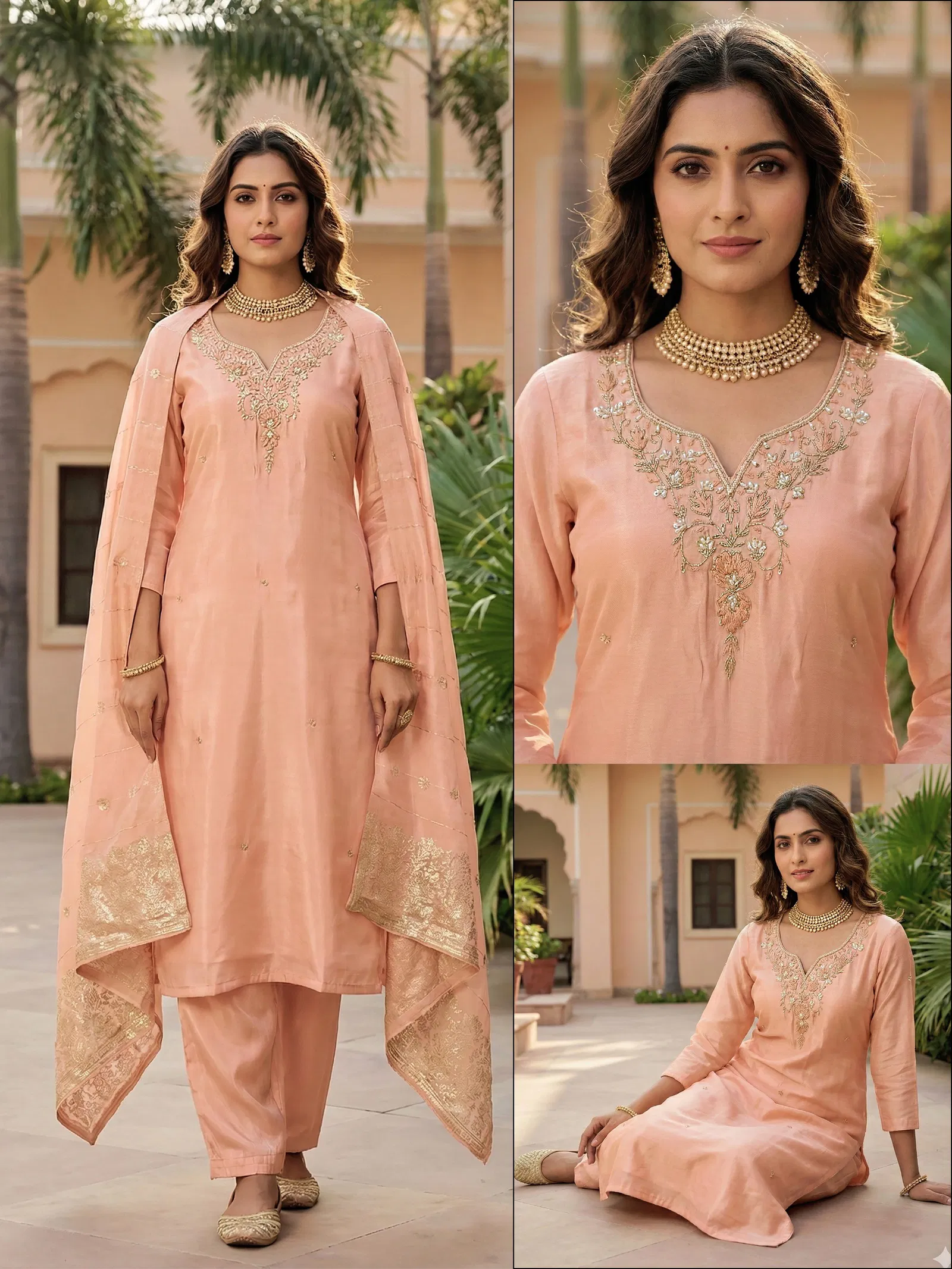 Naisha K 679 Roman Glass With Handwork Kurti Pant And Dupatta