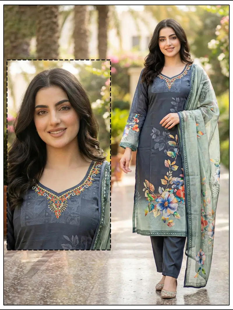 Naisha K 682 Digital Print With Handwork Kurti Pant And Dupatta
