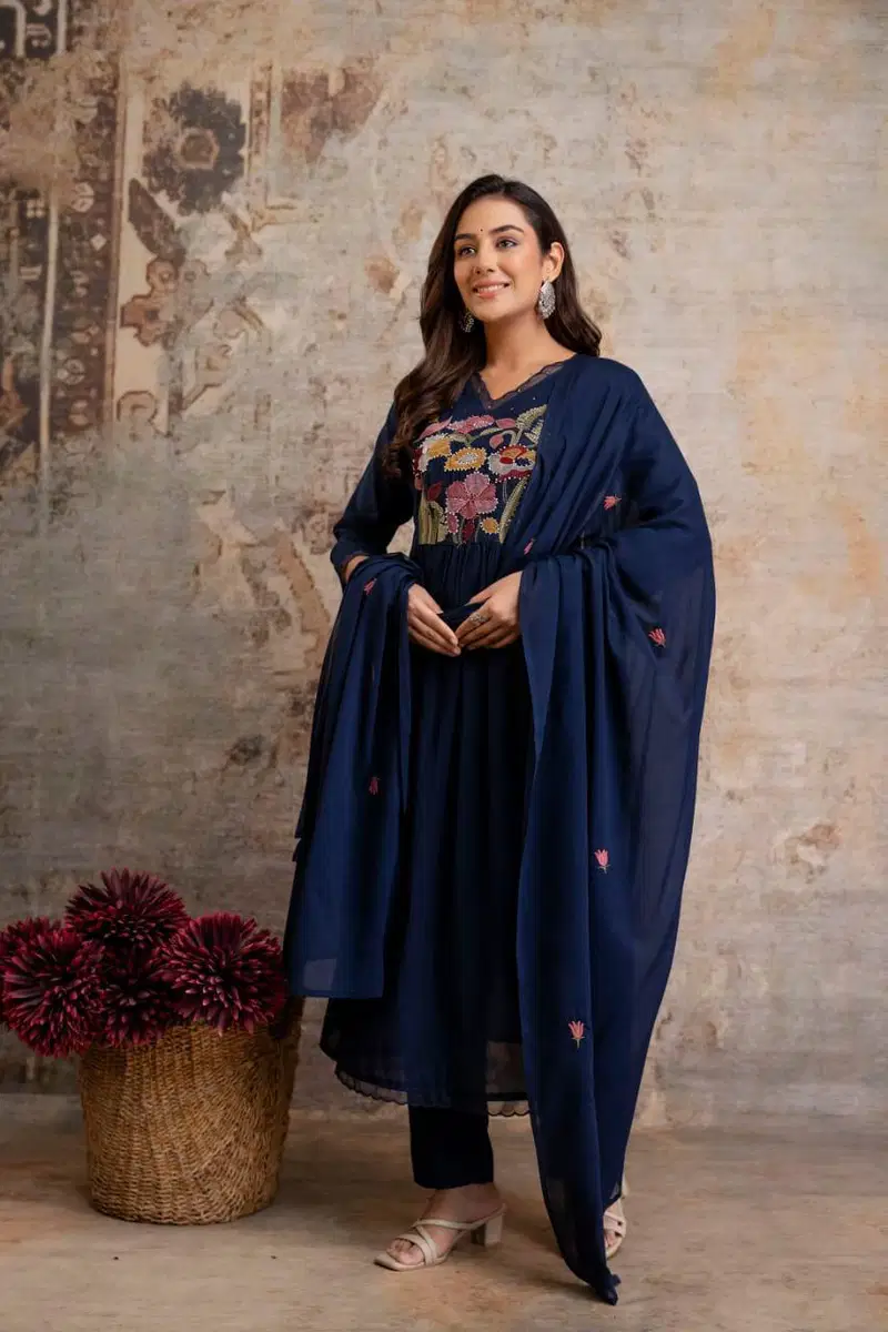 Naisha K 684 Cotton Embroidered Work Kurti Pant And Dupatta Collection