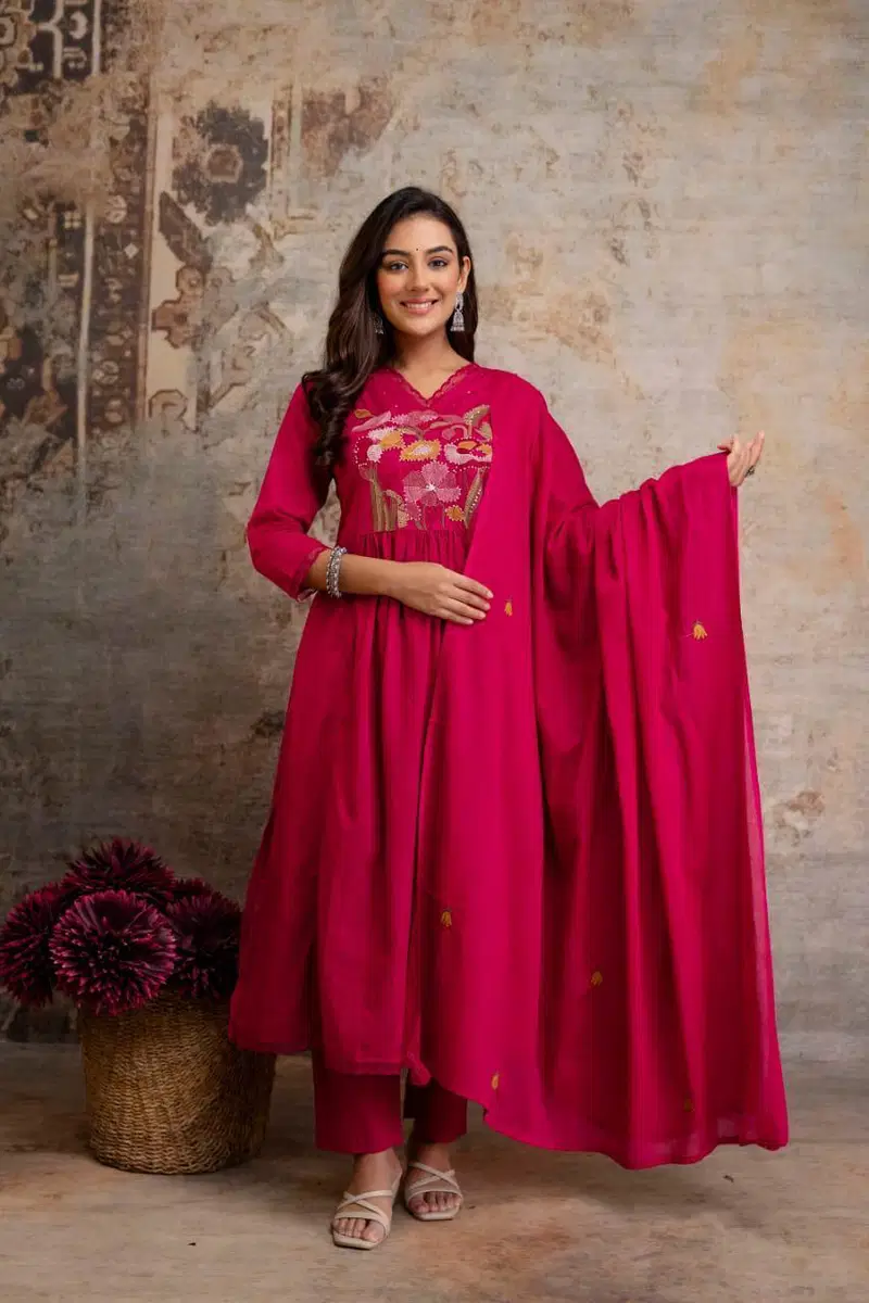 Naisha K 684 Cotton Embroidered Work Kurti Pant And Dupatta Collection