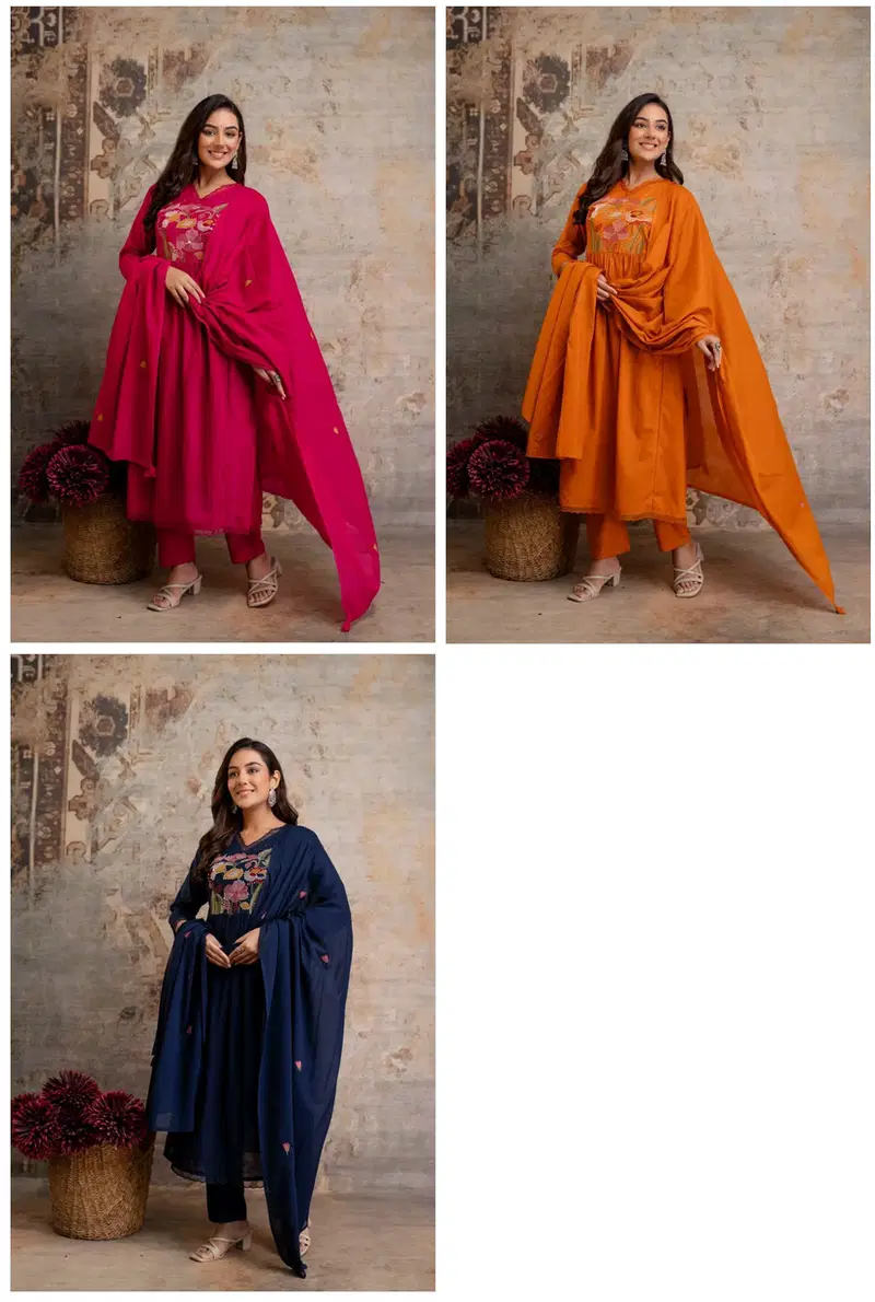 Naisha K 684 Cotton Embroidered Work Kurti Pant And Dupatta Collection