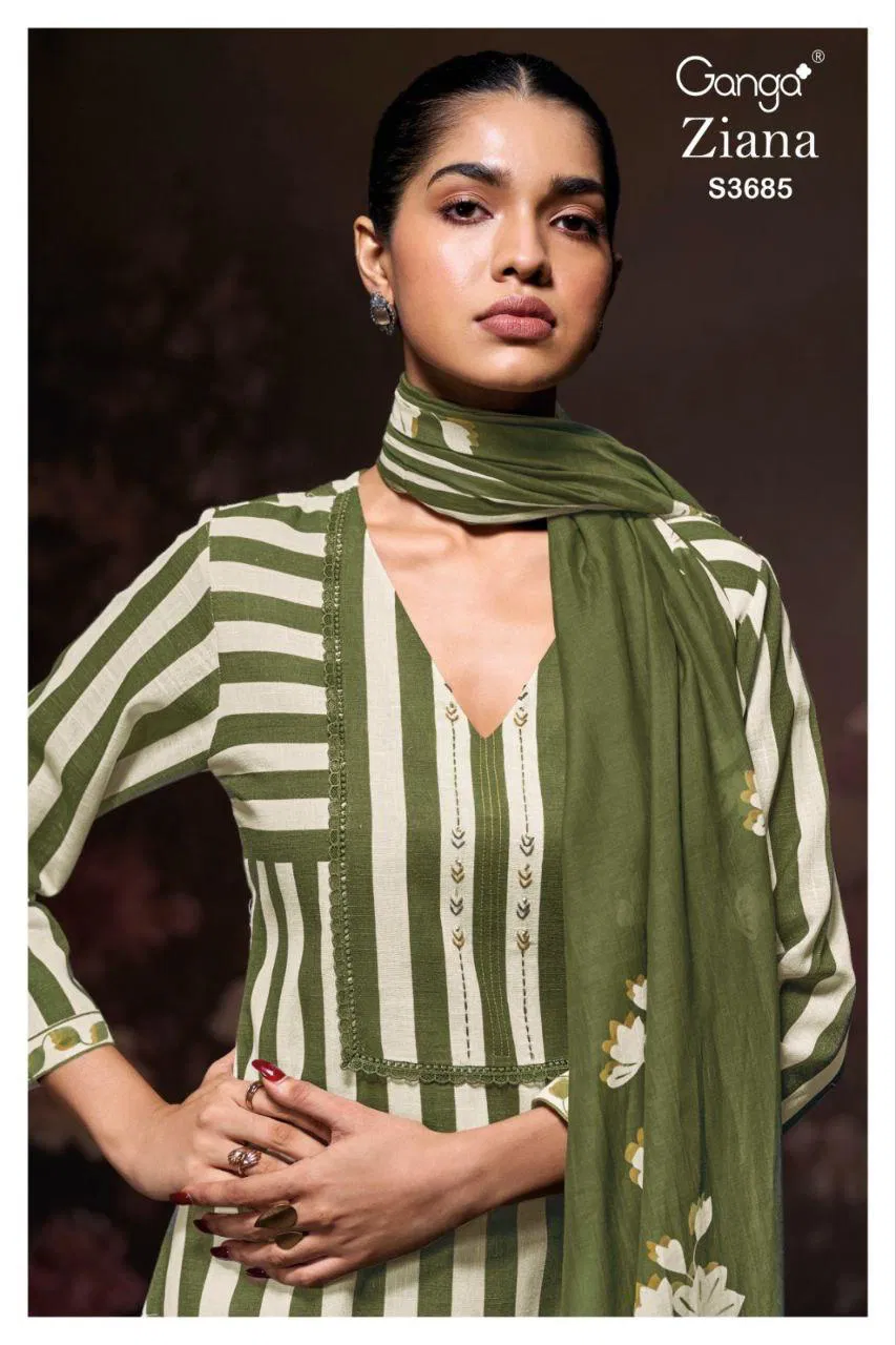 Ganga Ziana 3685 Cotton Linen Printed With Handwork Dress Material