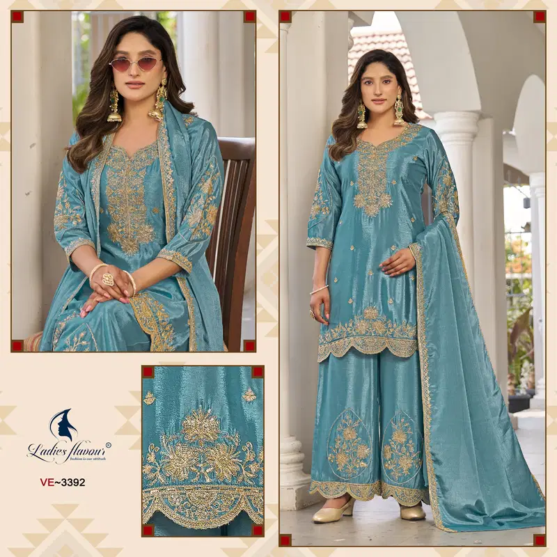 Ladies Flavour 3392 To 3394 Chinon Embroidery Top Bottom And Dupatta