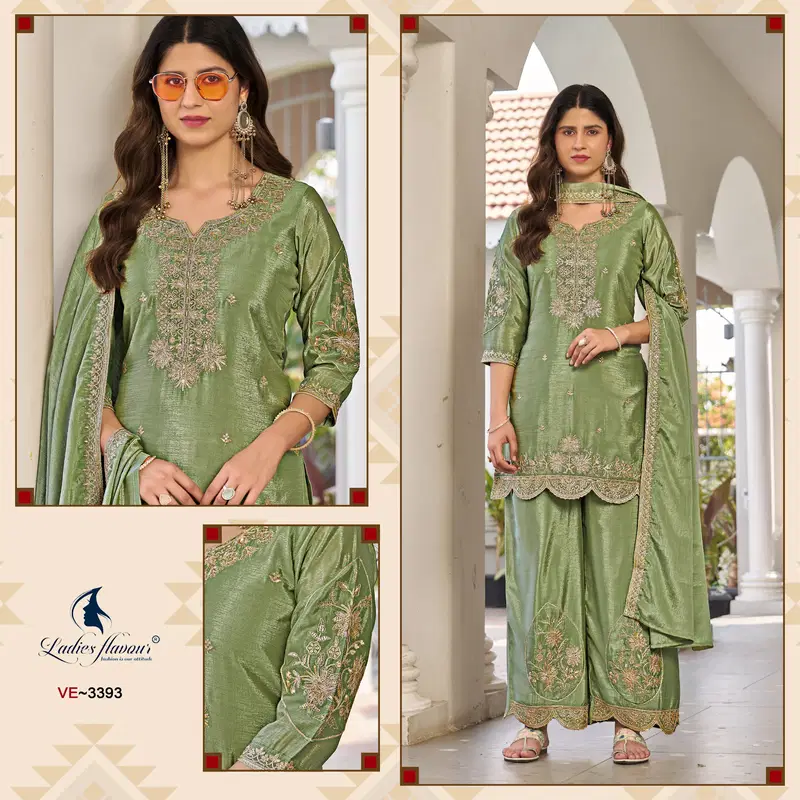Ladies Flavour 3392 To 3394 Chinon Embroidery Top Bottom And Dupatta