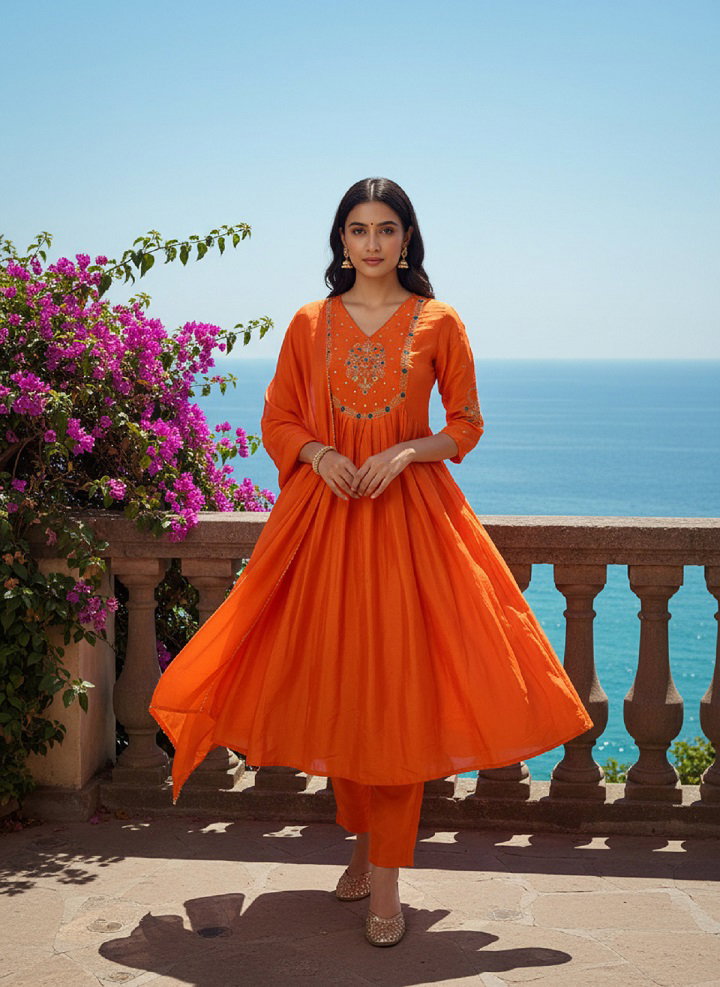 Party Wear Embroidery Worked Organza Kurti with Pant and Dupatta Set