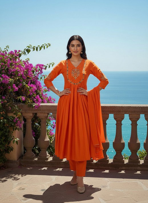 Party Wear Embroidery Worked Organza Kurti with Pant and Dupatta Set