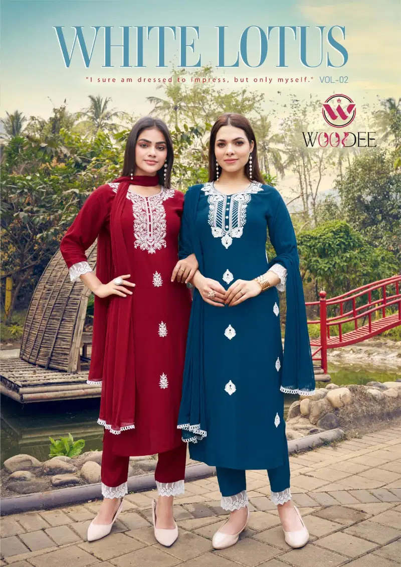 Woodee White Lotus Vol 2 Rayon ThreadWork Kurti Pant And Dupatta