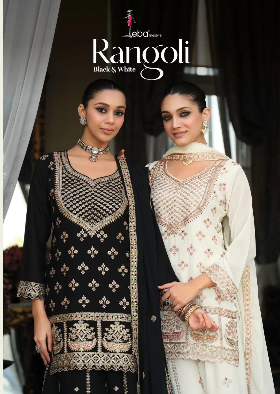 Eba Rangoli Black And White Chinon With Embroidery Top Plazzo And Dupatta
