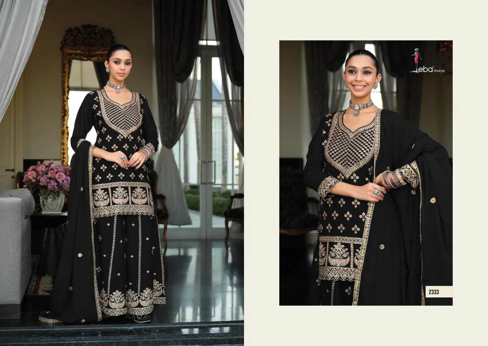 Eba Rangoli Black And White Chinon With Embroidery Top Plazzo And Dupatta