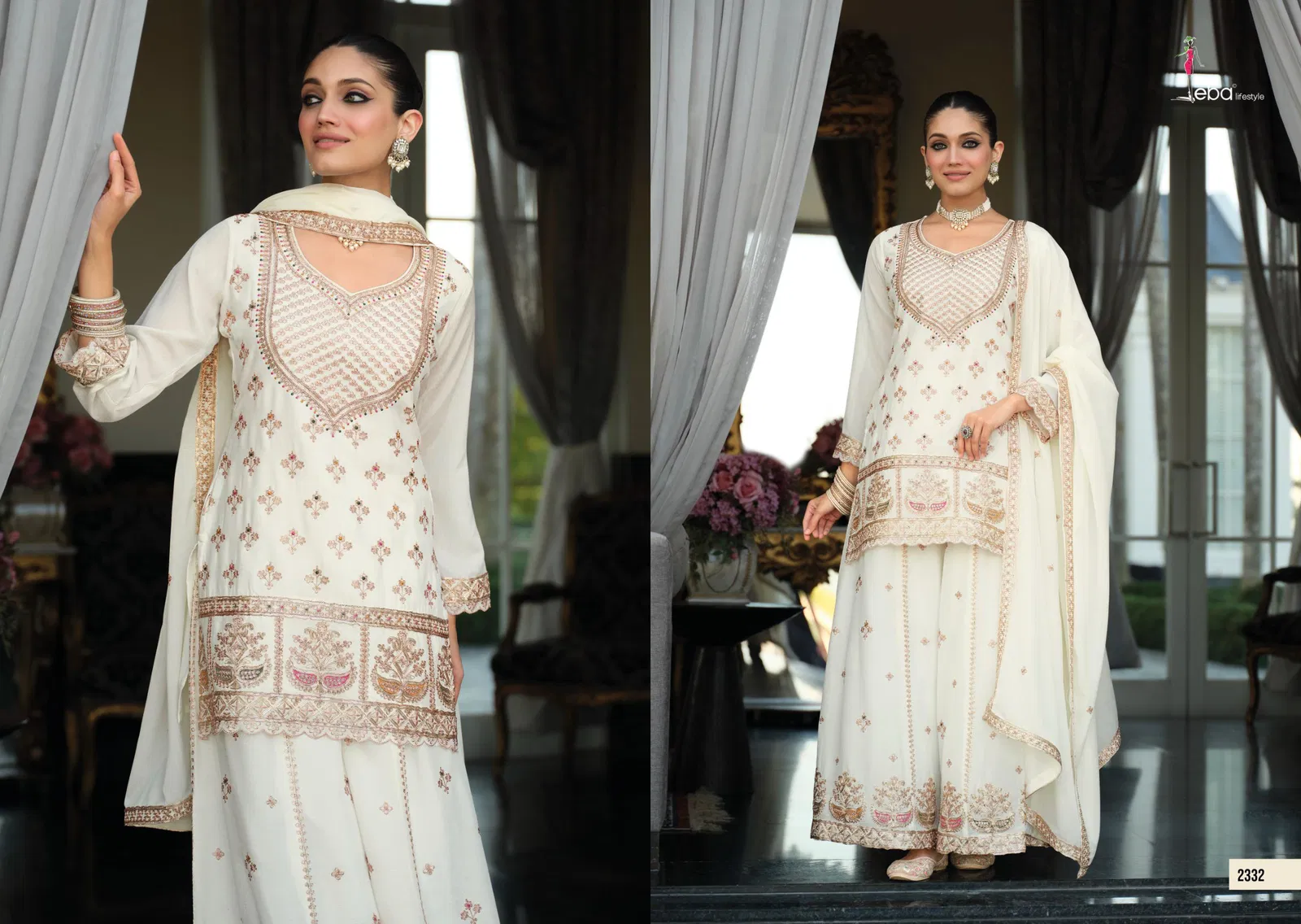 Eba Rangoli Black And White Chinon With Embroidery Top Plazzo And Dupatta