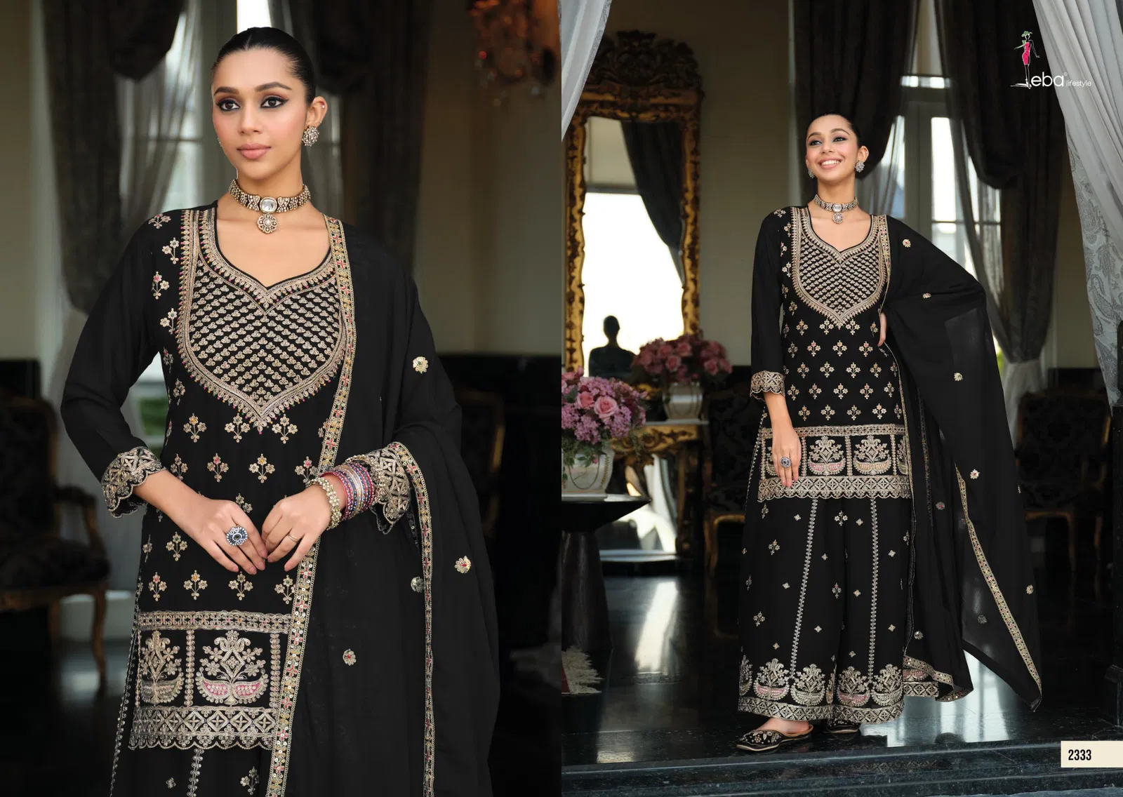 Eba Rangoli Black And White Chinon With Embroidery Top Plazzo And Dupatta