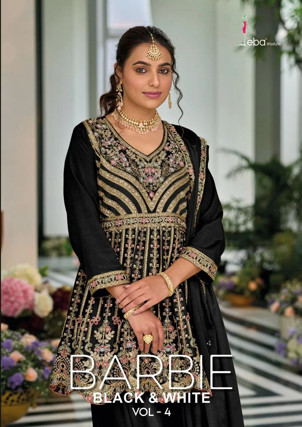 Eba Barbie Vol 4 Black And White Chinon Embroidery Top Plazzo And Dupatta