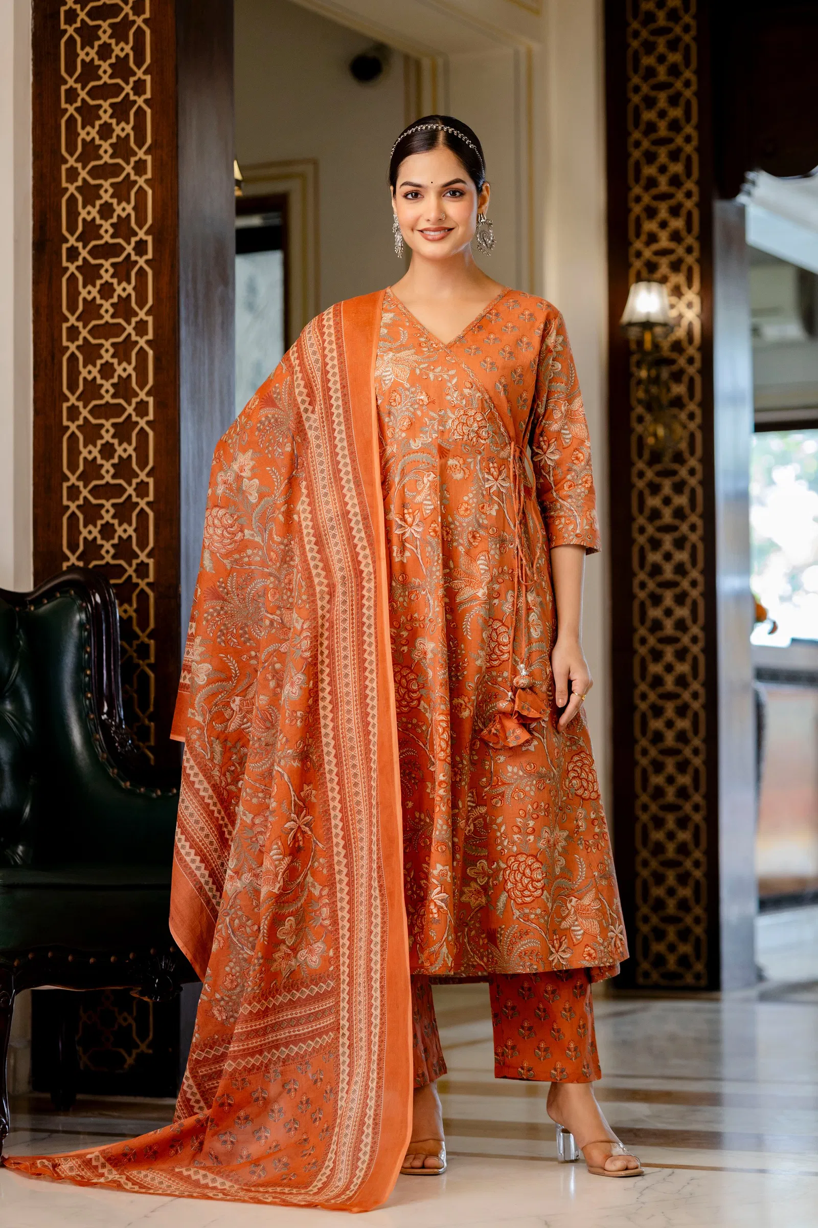 Naisha K 686 Discharge Cotton With Work Kurti Pant And Dupatta