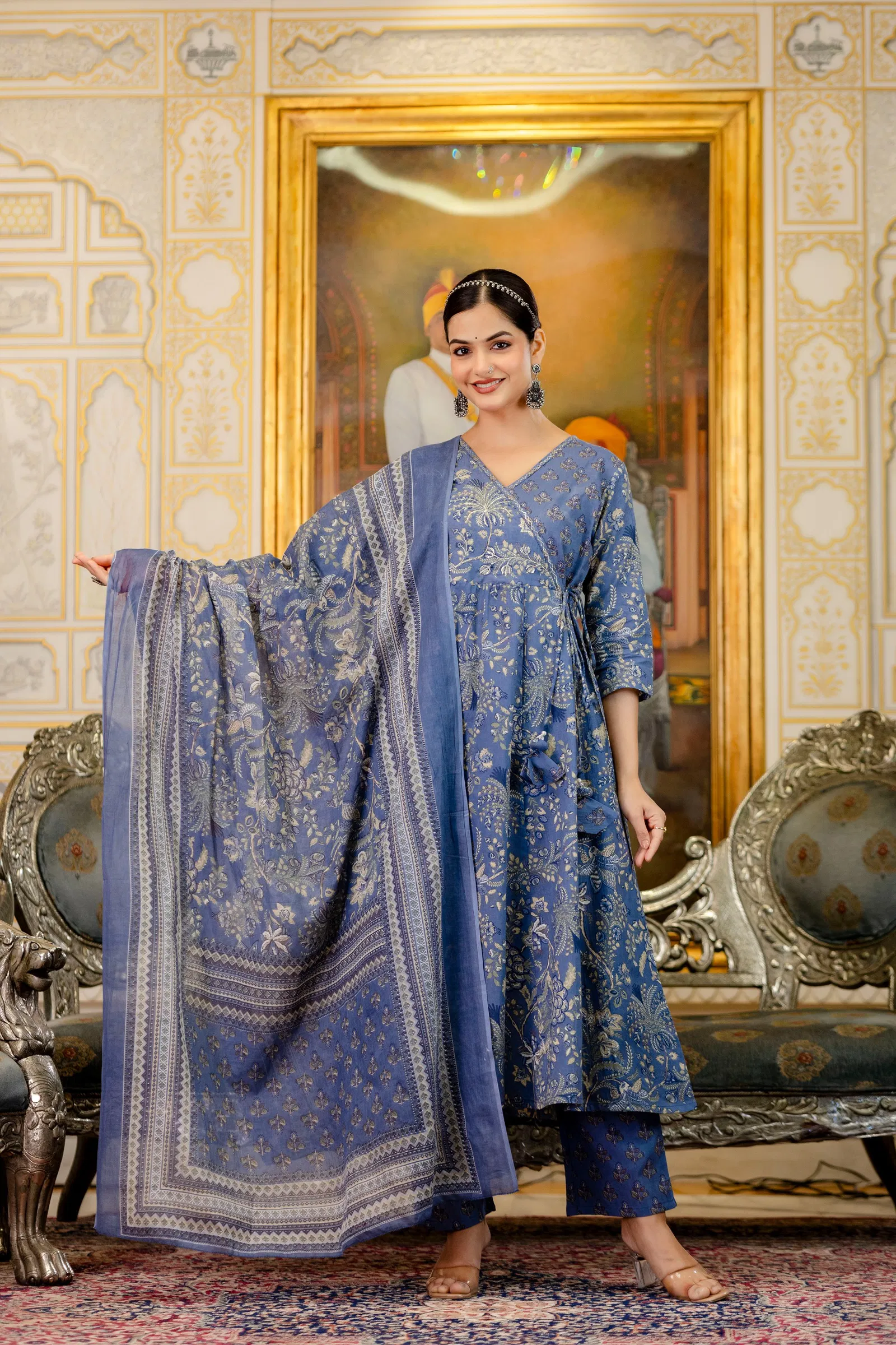 Naisha K 686 Discharge Cotton With Work Kurti Pant And Dupatta