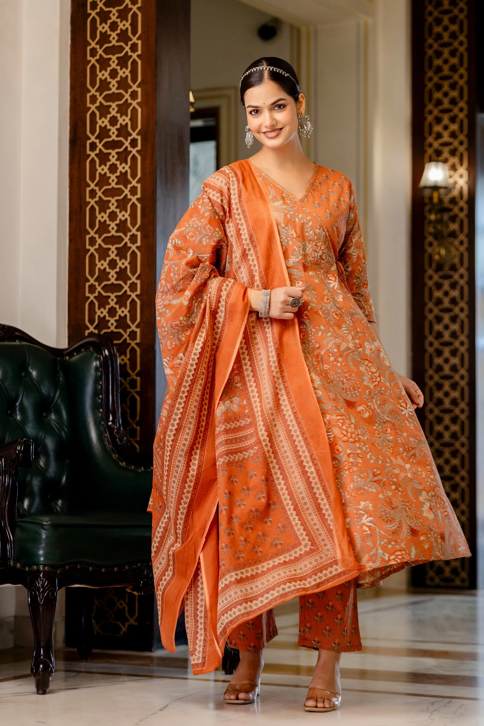 Naisha K 686 Discharge Cotton With Work Kurti Pant And Dupatta