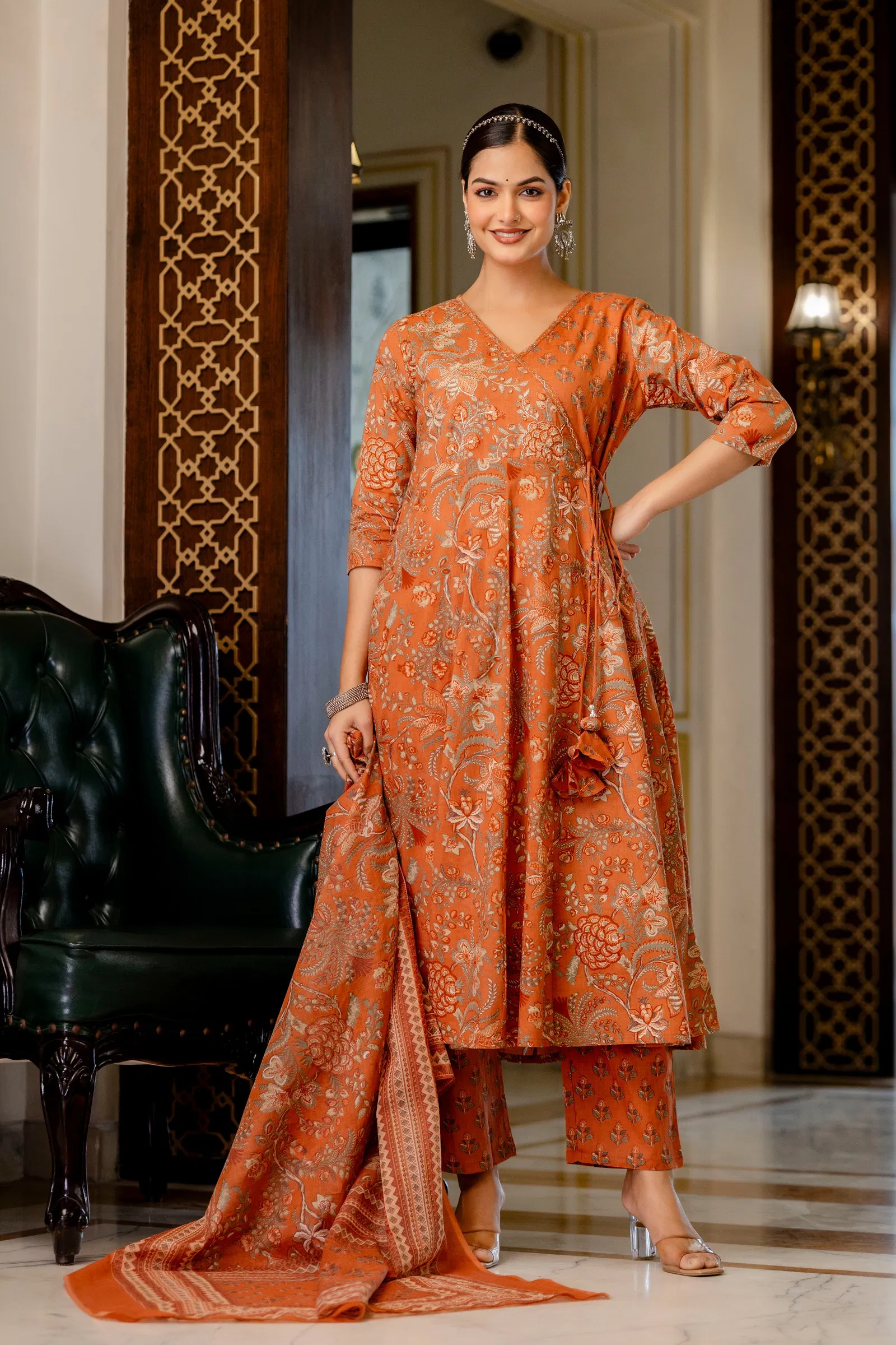 Naisha K 686 Discharge Cotton With Work Kurti Pant And Dupatta