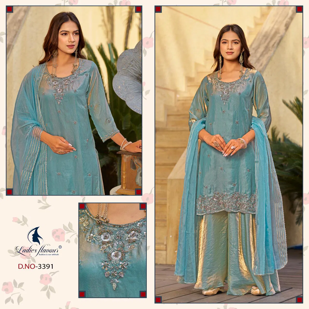 Ladies Flavour 3390 And 3391 Fandy Satin Work Top Bottom And Dupatta