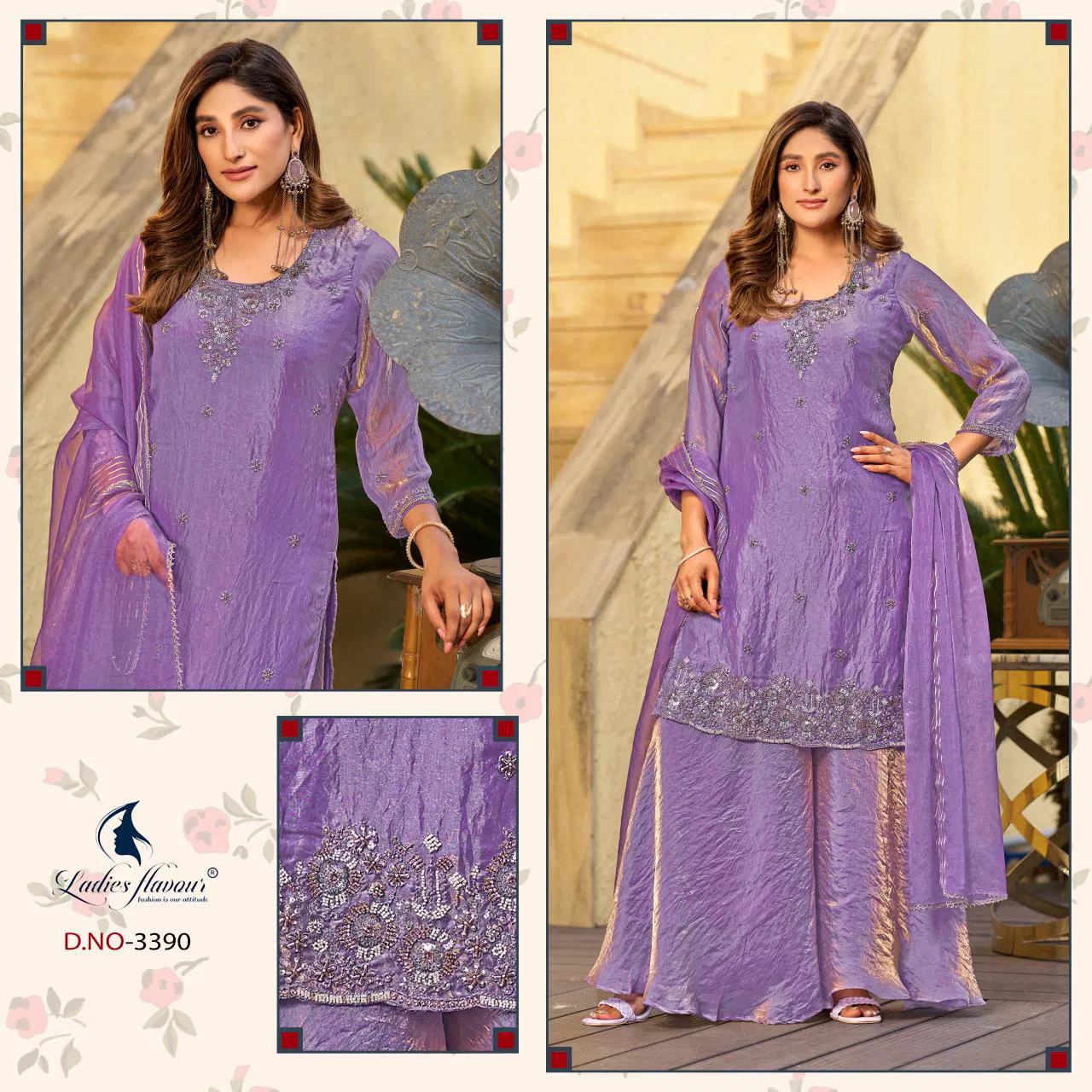 Ladies Flavour 3390 And 3391 Fandy Satin Work Top Bottom And Dupatta