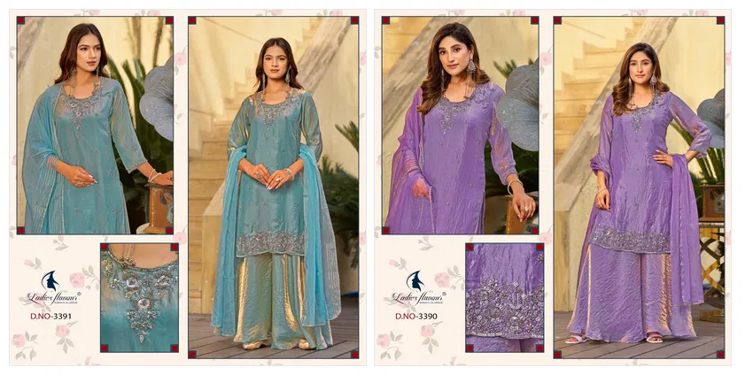 Ladies Flavour 3390 And 3391 Fandy Satin Work Top Bottom And Dupatta