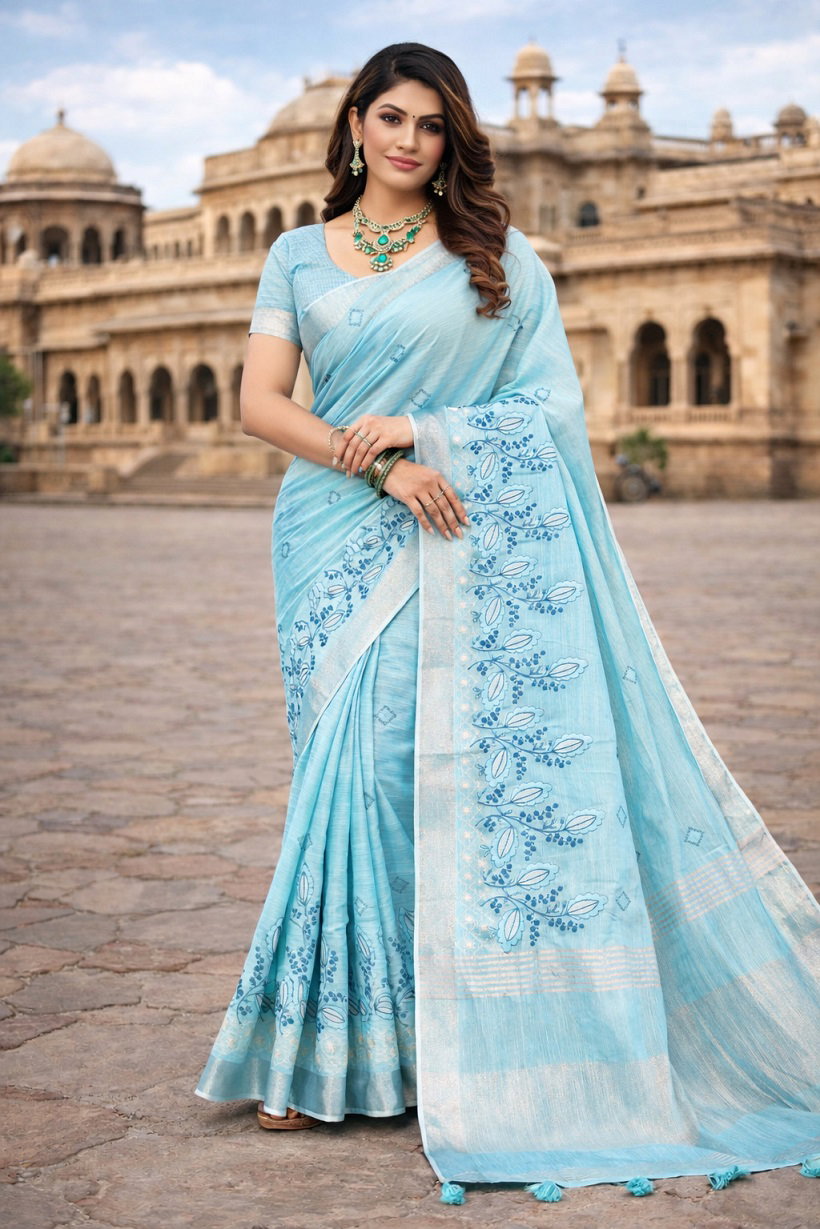 Mahek 217 Party Wear Embroidery Worked Linen Cotton Saree with Un Stitched Blouse