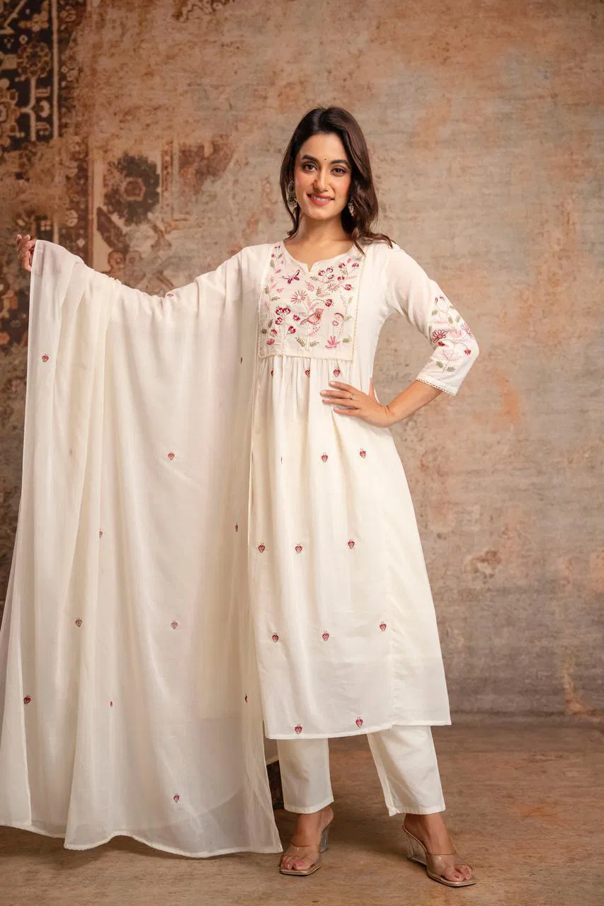 Naisha K 687 Mul Cotton With Embroidered Kurti Pant And Dupatta