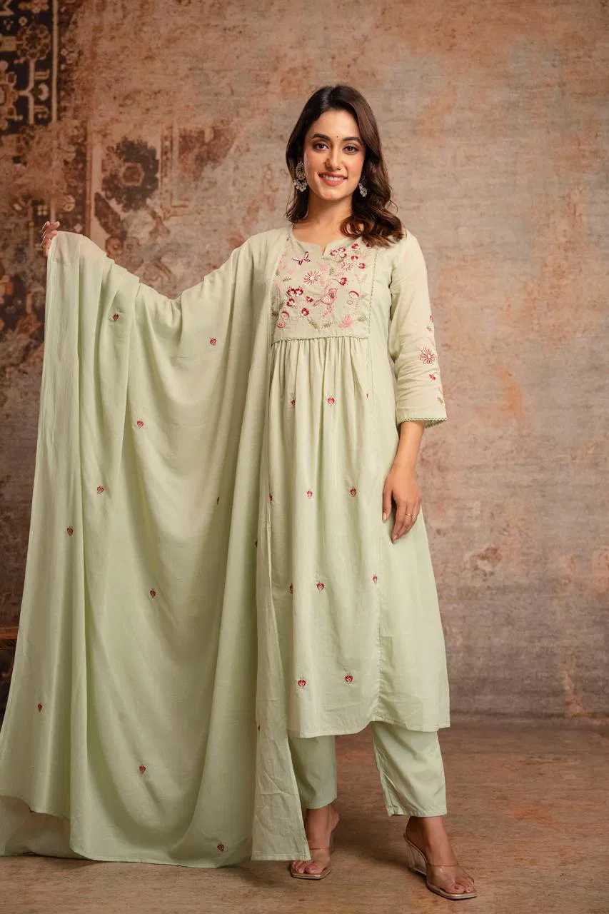 Naisha K 687 Mul Cotton With Embroidered Kurti Pant And Dupatta