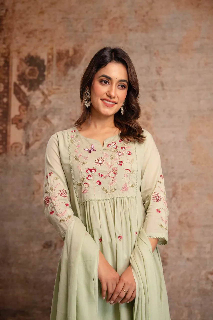 Naisha K 687 Mul Cotton With Embroidered Kurti Pant And Dupatta