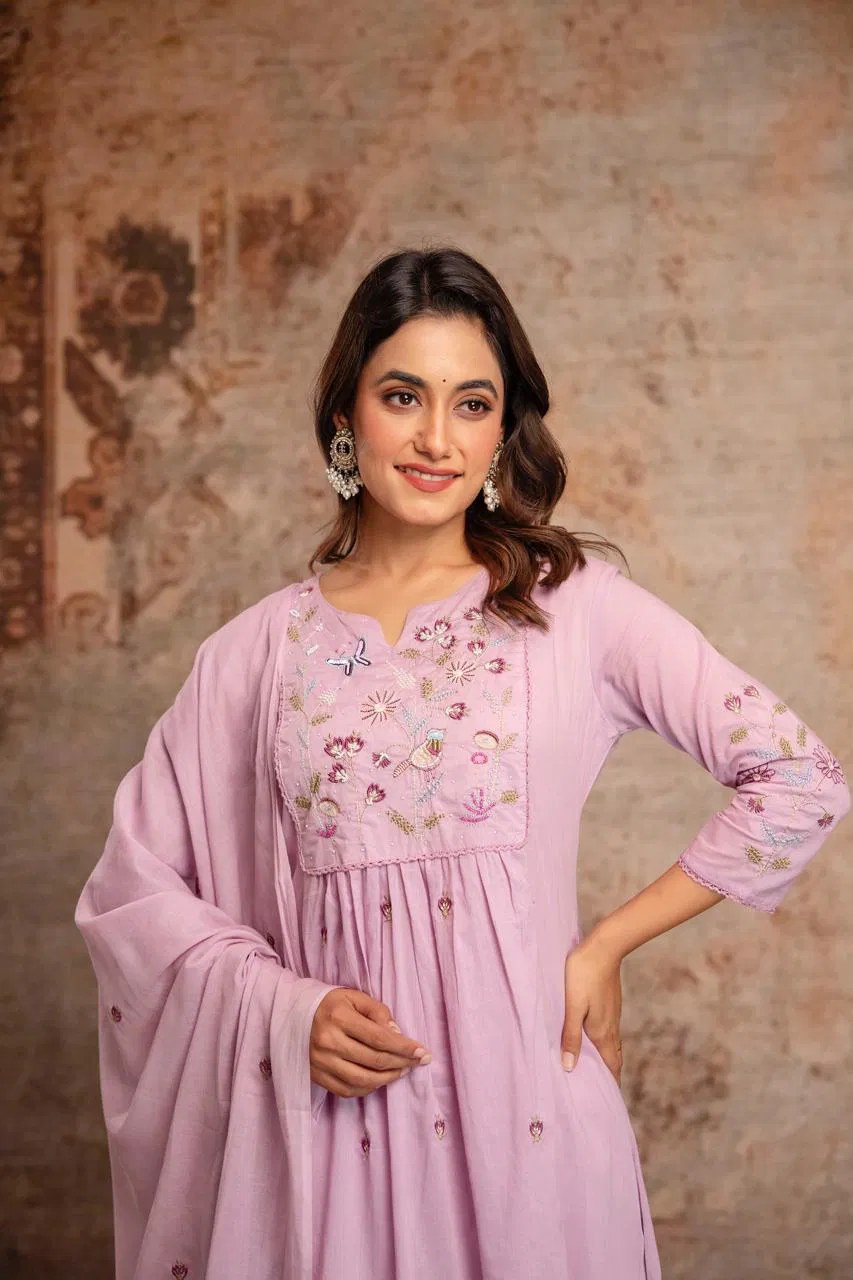 Naisha K 687 Mul Cotton With Embroidered Kurti Pant And Dupatta
